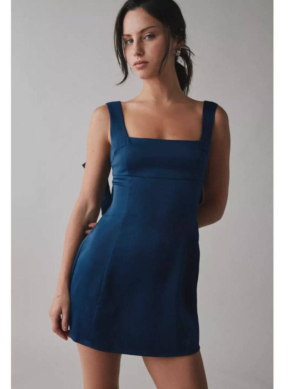 UO Bri Double Bow Satin Mini Dress Navy